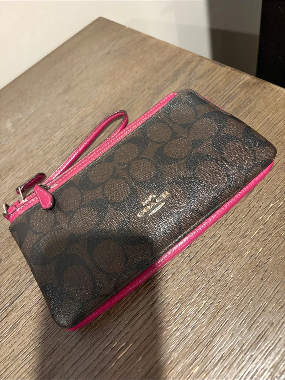 Coach Brown Signature Canvas Wristlet with Pink Trim